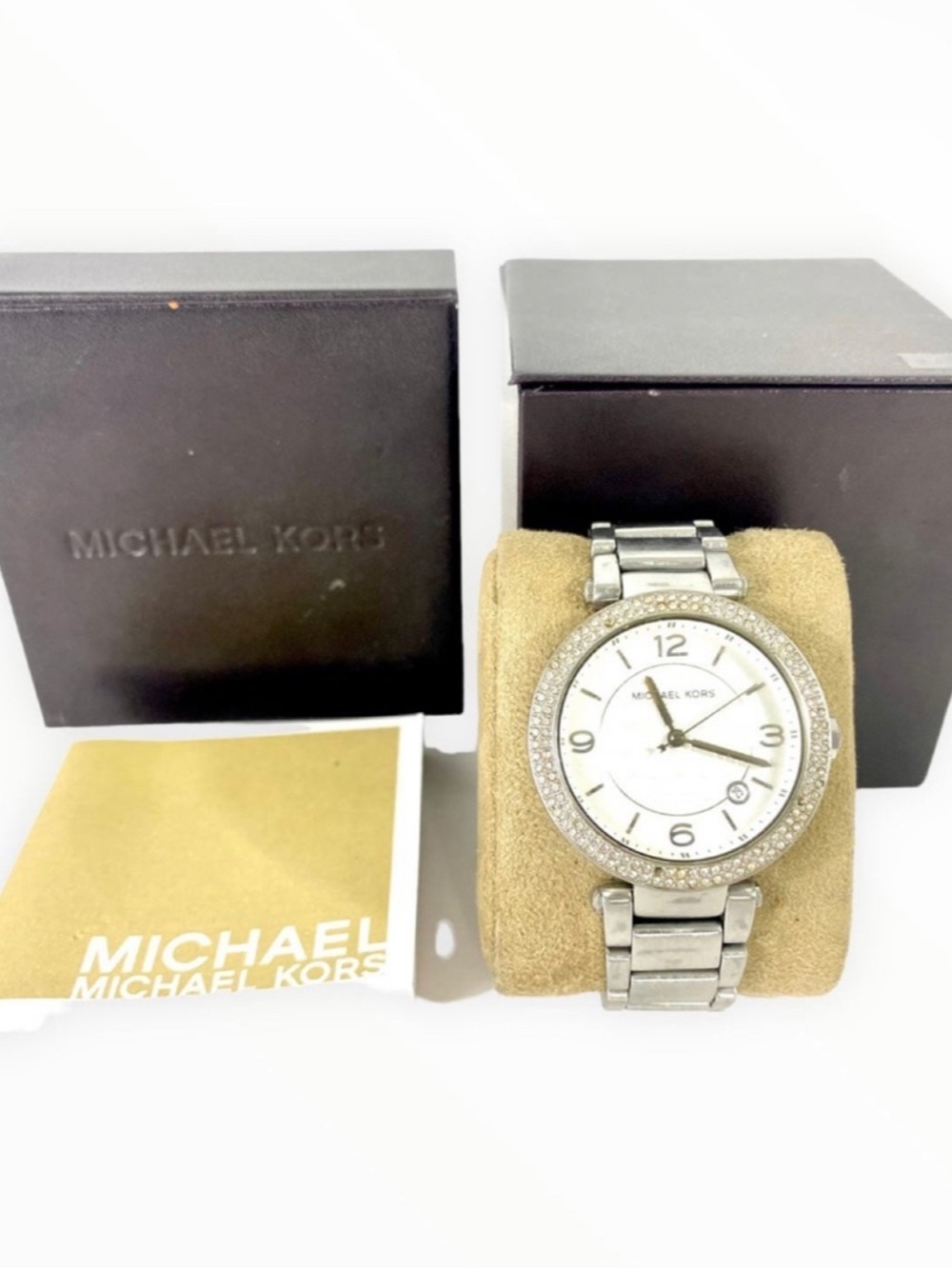 Michael Kors Silver-Tone Crystal Bezel Round Dial Watch